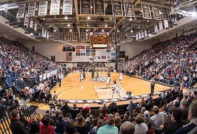 Game day photo of a packed Reilly Center Arena